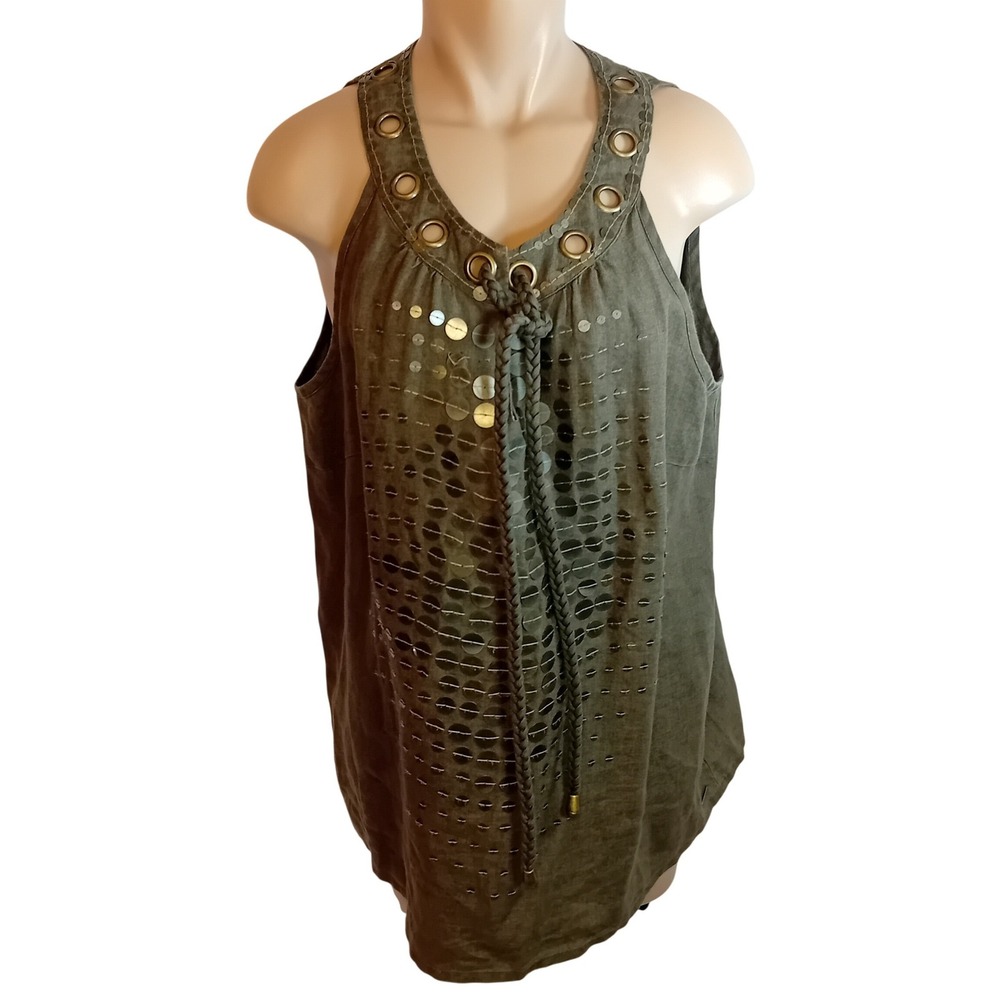 Signal Linen Sequin Studded Grommet Sleeveless Top Olive Green Bohemian Work XL‎